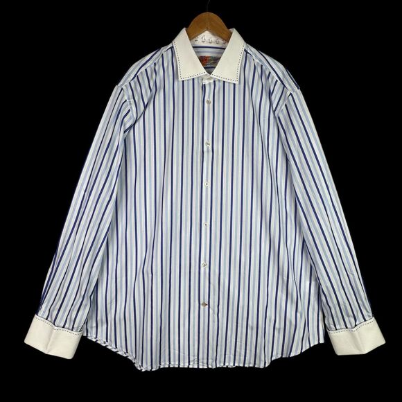 Steve Harvey Blue Stripe Men’s Dress Shirt 17.5 37 French Cuff Cotton NWT - Picture 14 of 14